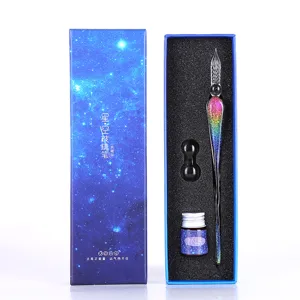 Rainbow glass dip pen gift set with starry sky design, fountain ink and pen holder included.