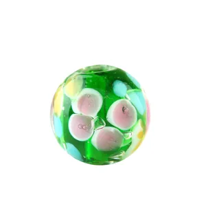 Handmade glass lampwork bead green floral pattern round loose bead for DIY jewelry making