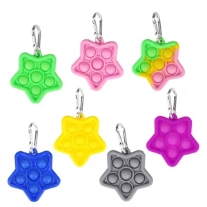 Star silicone push pop bubble fidget toy keychain with metal clasp, colorful stress relief.