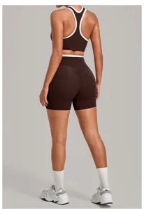 Damen Sport-BH und Shorts Yoga Set mit Kontrastpfeife Fitness Sportbekleidung Fitness-Set