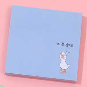 Lindas notas adhesivas azules con divertida ilustración de pato, ideales para estudiantes y oficina.