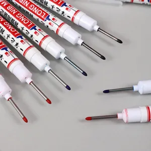 Long nib marker pen detail shot, deep hole waterproof utility pen with fine metal tip.