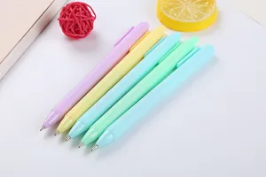 Detail view of colorful pastel retractable gel pens set neatly arranged on white surface.