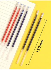 Gel pen refill detail shot, 130mm length, multi-color ink refills neatly arranged on notebook.