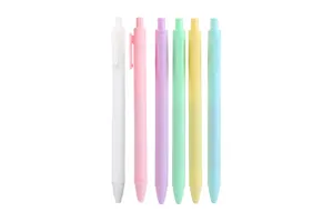 Macaron gel pen detailed close-up shot, smooth writing black ink stationery set display.