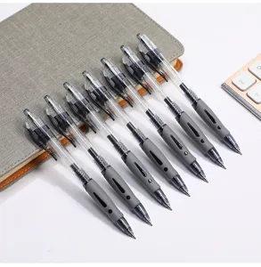 Detail view of retractable black ink gel pens with comfortable grey grip and clear barrel.