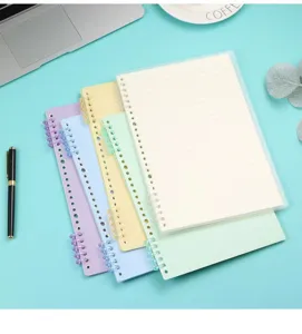 Detail view of colorful pastel loose-leaf binder notebooks and DIY rings for journal planning.