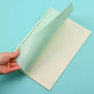 Loose-leaf notebook detail view showing translucent green cover and lined inner pages.