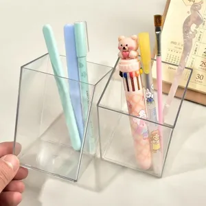 Clear acrylic desktop pen holder, slanted transparent stationery storage organizer cup for office school.