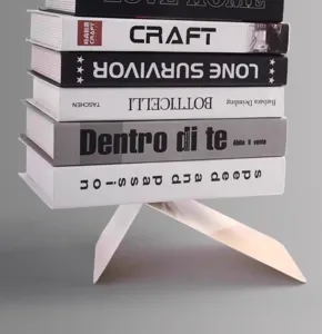 Minimalist metal bookend detail, creative desktop book organizer shelf stand, modern decor.