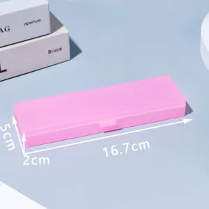 Detail view of the portable macaron pink pencil box, a simple and neat plastic storage case.