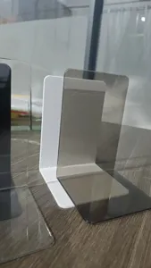 Acrylic L-shaped bookend detail shot, transparent and white desktop book organizer stand.