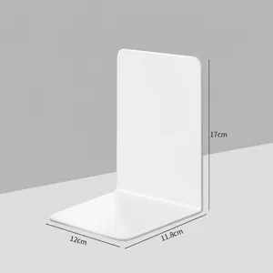 Detailed view of white desktop L-shaped bookend organizer, durable book stopper stand.