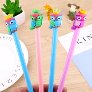 Cute cartoon owl gel pens with creative animal toppers, smooth writing black ink pens for office school.