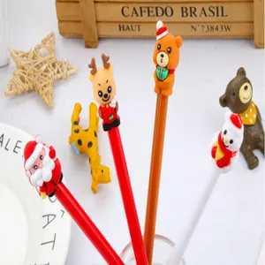 Cute Christmas cartoon neutral pens set with Santa, reindeer, bear, and snowman designs for students.