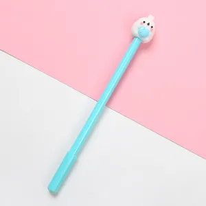 Leuke cartoon konijn gelpen detailweergave met blauwe behuizing op roze en witte achtergrond.