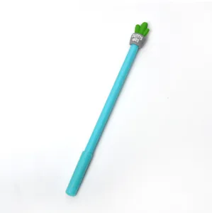 Detailed view of cute cactus gel pen with sunny day print, blue barrel office stationery.