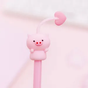 Cute pink pig gel pen detail, kawaii animal stationery for smooth writing student school supplies.