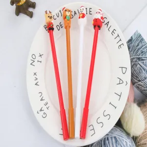 Cute Christmas cartoon gel pen with snowman and reindeer, black ink student stationery item.