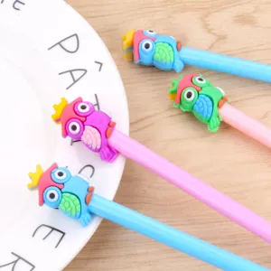 Cute cartoon owl gel pen with crown design, 0.5mm black ink writing pen for student stationery.