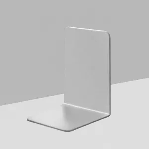 Gray L-shaped plastic bookend for desktop book storage, sturdy book holder organizer.