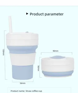 Vue détaillée de la tasse pliable en silicone avec paille, gourde de voyage portable.