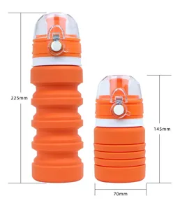 Collapsible silicone water bottle dimension details showing heights of 225mm and 145mm.