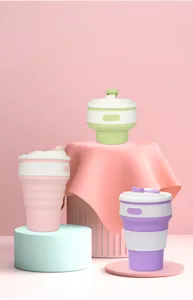 Detailed view of portable silicone collapsible coffee cups in vibrant colors, ideal for travel.