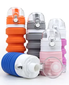 Collapsible silicone water bottle detail, portable travel cup with lid, multi-color options.