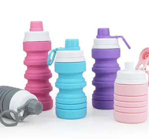 Close-up detail view of colorful collapsible silicone water bottles showing flexible folding design.