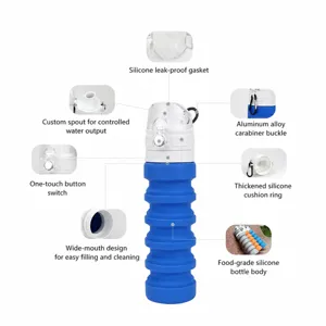 Outdoor sports collapsible silicone water bottle portable travel folding drinking cup with alloy hook