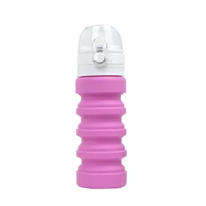 Collapsible silicone water bottle for outdoor travel, portable telescopic pink travel cup.