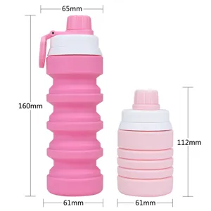 Pink collapsible silicone water bottle with dimension guides for travel and sports use.