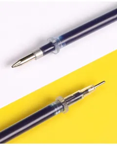 Gel pen refill detail shot showing bullet and needle tips with blue ink for smooth writing.