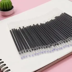 Detailed close-up view of bulk black gel pen refills neatly arranged for school writing.