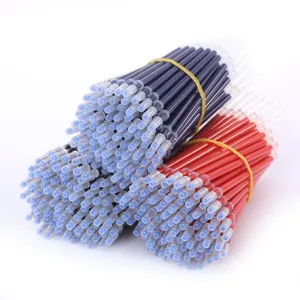 Detailed view of assorted color gel pen refills with clear plastic tubes, smooth writing.