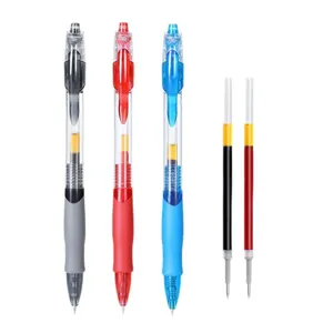 Retractable gel pens set with black red blue ink and extra refills for office school writing.