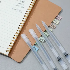 Minimalist frosted transparent gel pen set for students, smooth writing stationery supplies detail.