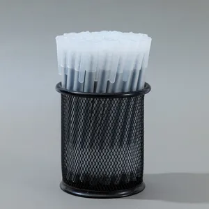 Clear frosted gel pens set with black mesh pen holder, minimalist student stationery items.