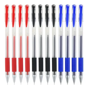 Detail view of 0.5mm gel pens in red black and blue colors for smooth daily office writing.