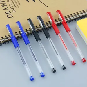 Detail view of multi-color gel pens neatly arranged on a clean office desktop surface.