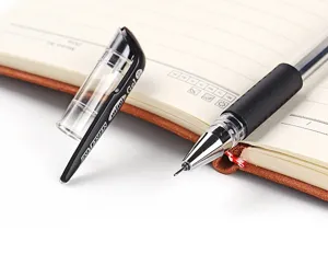 0.5mm black gel ink pen detail view, smooth writing stationery for office and school use.