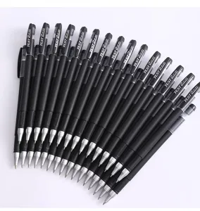 Detailed view of black gel ink pens neatly arranged, smooth writing stationery for office school.