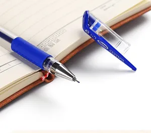 Detail view of a blue gel ink pen 0.5mm fine point for smooth writing office school supplies.