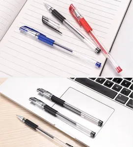 Transparent gel pens detail view showing fine point black blue and red ink for smooth writing.