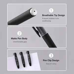 Black gel ink pen with frosted barrel, breathable safety cap, and convenient pocket clip.