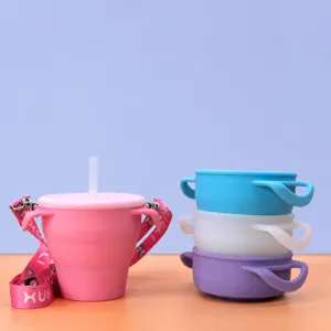 Food Grade Silicone Baby Snack Cup Portable Toddler Snack Bowl With Straw And Lanyard Leakproof Kids Feeding Cup