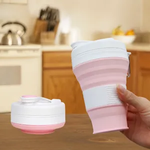 Collapsible silicone travel cup 600ml portable folding coffee mug with straw and carabiner