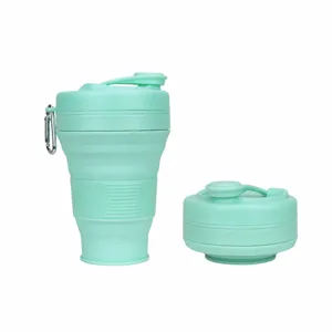 Collapsible silicone travel cup 600ml portable folding coffee mug with carabiner green