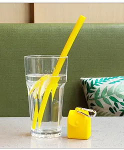 Silicone foldable straw set with portable storage pouch and carabiner for travel drinks.